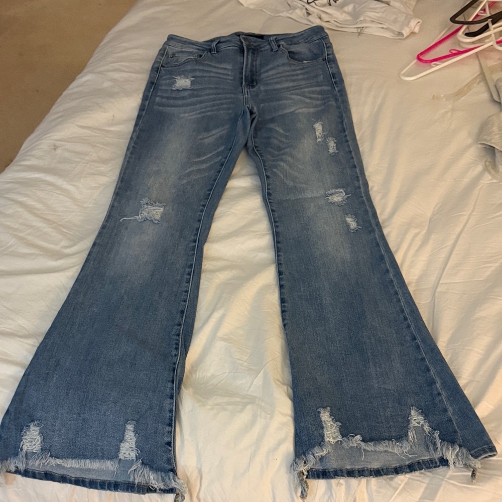 Stylish Distressed Blue Flare Jeans